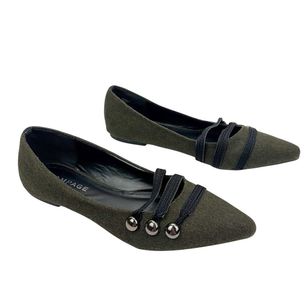 Rampage Safari Green Wool Strappy Button Pointed Toe Flats Sz 8.5 Comfort Trendy